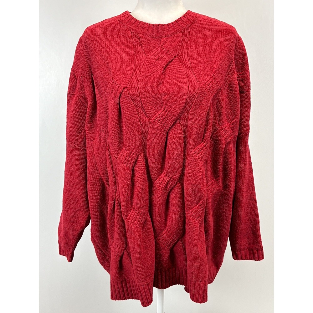 J Jill Chenille Sweater Womens 2X Plus Red Cable Knit Crewneck Soft Stretch